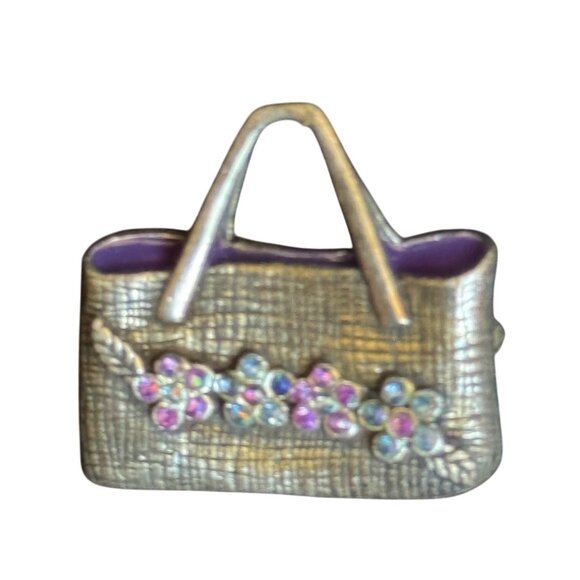 Vintage Handbag Pin Brooch With Floral Rhinestone Accents & Purple Enamel Detail - Picture 1 of 9